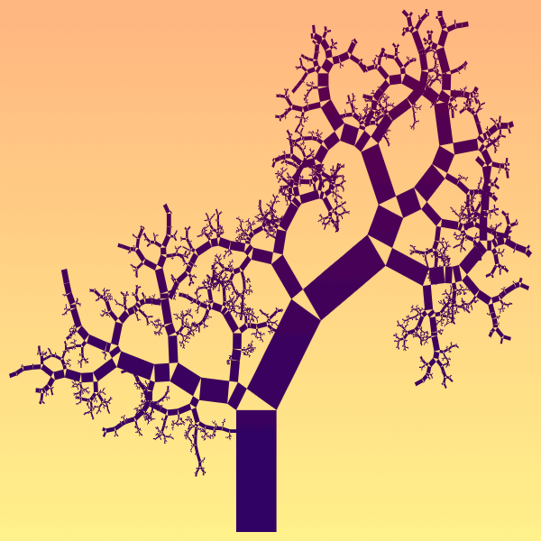 This example randomizes both key tree properties. The bending angle for each branch is chosen arbitrarily and the proportions of each rectangle are also selected randomly. Thus, we get an absolutely randomized Pythagorean tree with branches and twigs going in all possible directions. We color this tree with a paua to pompadour color gradient in the tree direction and calculate 15 iterations.