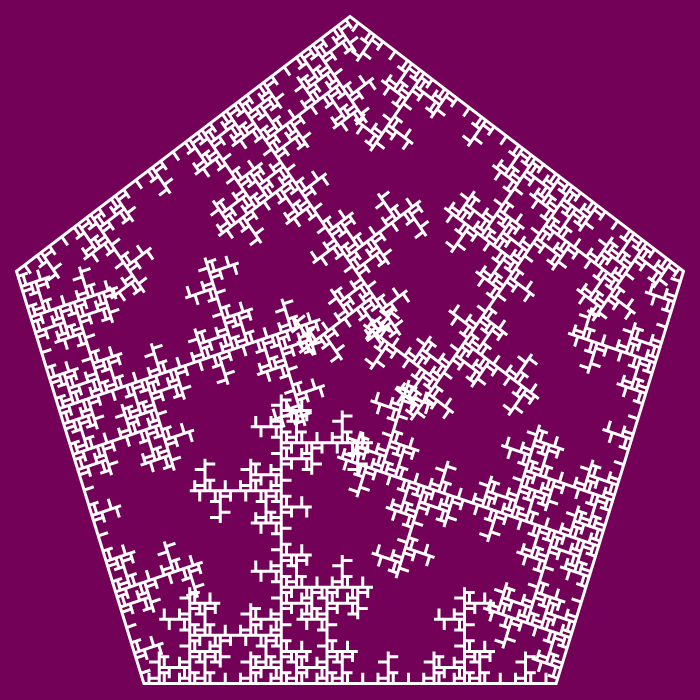 In this example, we've selected the third form that uses a single long ice needle as the generator. It creates a frigid stellar anti-dendrite fractal based on a pentagon. The long single spike motif is very similar to the single spike motif but it's 2 times longer. As a result, we get a completely different fractal. We draw the 5th recursive step on a pompadour color canvas.