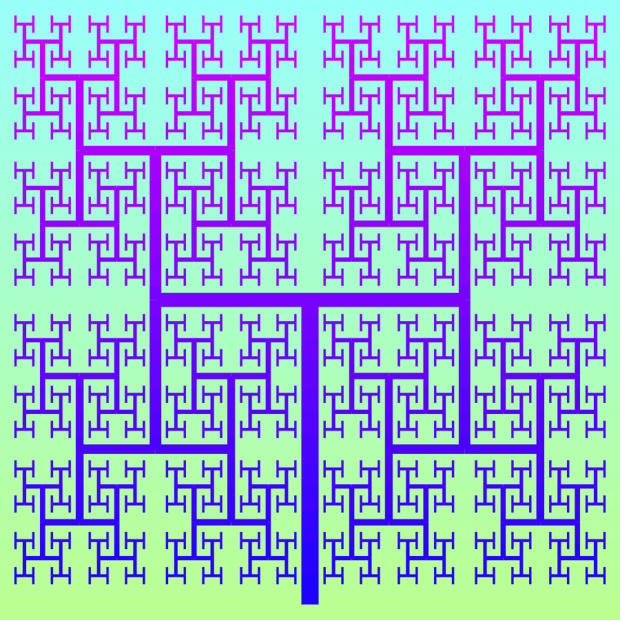 This example generates a tree with the right angles for both branches. The right angle is the critical angle for a canopy fractal as at this angle it turns in a space-filling fractal and the tree can completely fill a square with its branches. By adjusting the bifurcation scale factors of the curve, we can find values that make the branches not overlap one another, and we get the Hausdorff fractal (also known as the H-tree). We run the iterations for 11 stages and get 2¹¹ - 1 = 2048 - 1 = 2047 segments.