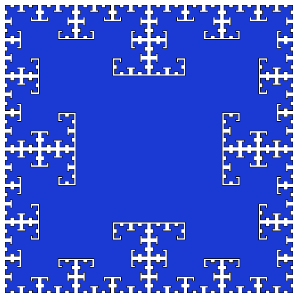 In this example, we draw the original tsquare fractal after 6 iterations. At this stage, this fractal consists of 6 sets of overlapping squares of different sizes. The first set is a single unit-length square, the second set is four half-unit-length squares, the third is twelve quarter-unit-length squares, etc. We paint this fractal in three colors – white for the background, black for square edges, and Persian-blue for square fill.