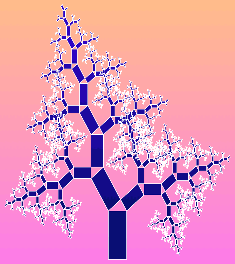 In this example, the left and right angles alternate at each recursive level. As a result, the Pythagoras fractal has a shape of a coniferous tree. We set the first left bending angle to 35 degrees that makes our tree to be tilted to the left side. We also set the proportions of the base rectangle to 1:2 to make the tree thinner and higher. To make the tree fit nicely in the canvas, we slightly lengthen the height of the canvas to 900 pixels, with a width of 800 pixels, and draw 12 recursive levels of rectangles.