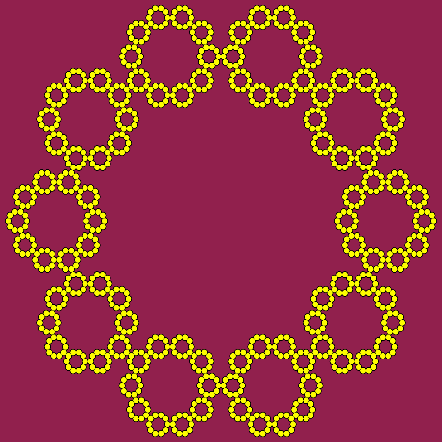 In this example, we generate a decagon fractal (the base is a ten-sided polygon). As its internal angle is 144° degrees, the Koch curve around it has 180°-144° = 36° degrees. Because of its stunning symmetry, this fractal type is often used to design necklaces. If you count carefully, you'll find there are 10^(4 - 1) = 1000 decagons in this drawing. Decagons are drawn with black ink on a disco-red background and filled with a yellow color.