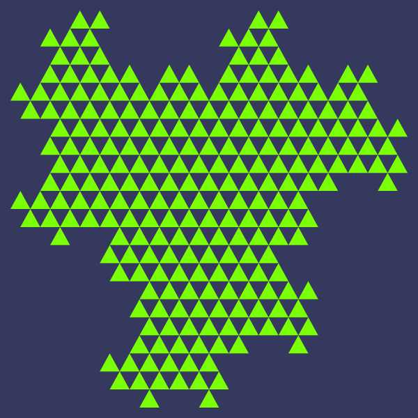 In this example, we let the triangle dragon fractal evolve for 6 generations. To make it more custom, we've set the triangle border thickness to 0 and compared to the previous example, we've also changed the direction of drawing the triangles from left to right (effectively drawing it upside-down.) Notice how even more dragon heads and tails emerge.