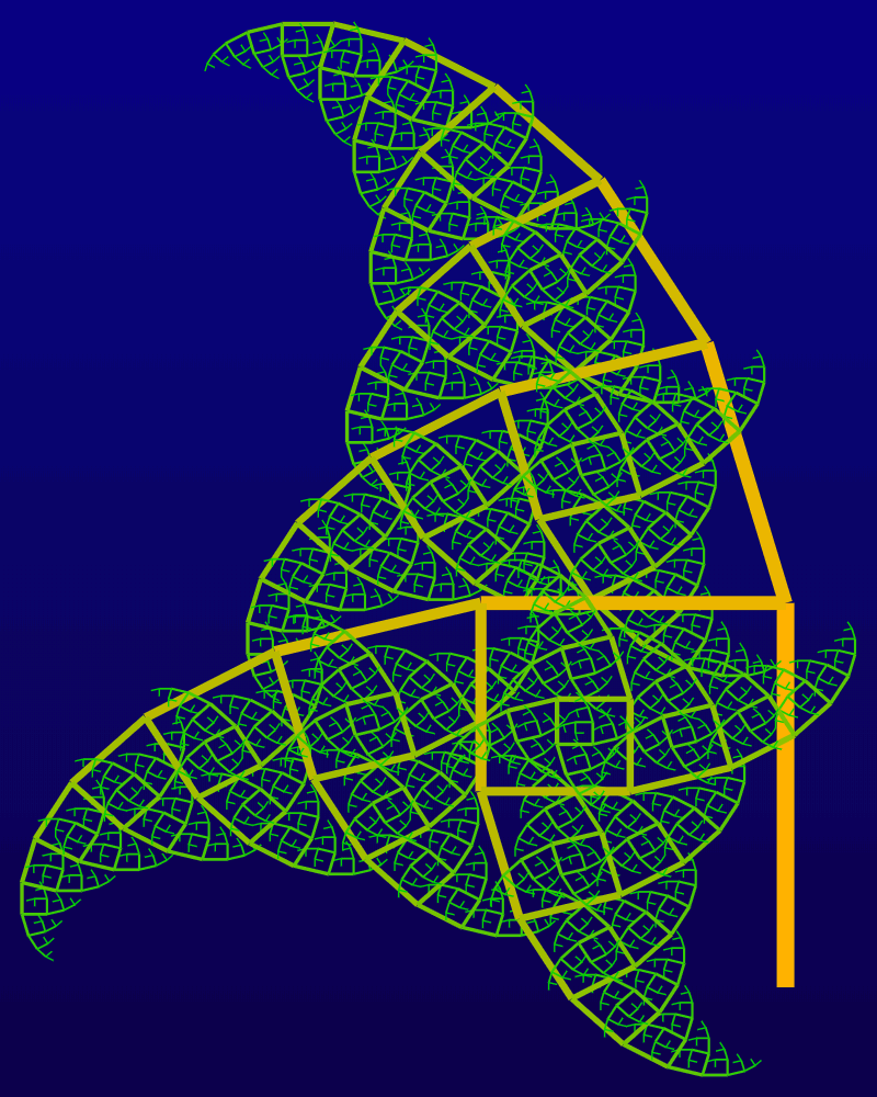 In this example, we use a very large bifurcation angle of 345 degrees for the right branch and a right 90-degree angle for the left branch. This makes the fractal heavily tilt to the left. With 12 iteration steps, this behavior makes the branches resemble the wings of a dragonfly. To fit the tree, we have increased the height of the image to 1000 pixels and width to 800 pixels. We fill individual segments with a gradient from selective-yellow color at the ground level to green at the top level.