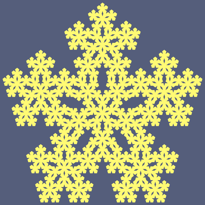 In this example, we generate a Durer fractal. The Durer fractal is the third type of the pentaflake fractal, which completely fills all centers with extra pentagons. Here, with each iteration, the number of pentagons increases sixfold – there are five pentagons at the edges and one in the center. Thus, the number of pentagons at the nth iteration is equal to 6^(n-1). We illustrate the 5th iteration of the fractal and use only two colors, filling the pentagons with daisy color and background with comet color.