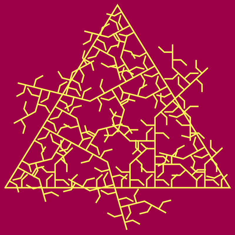 In this example, we've set the ice fractal on fire. This fractal uses fiery colors and is generated from a single bent spike motif on a triangular base. The spike emerges from the generator at an angle of 90 degrees and then bends again at 45 degrees. We draw the reverse and inverse form at the fourth iteration stage, using a 5-pixel thick flaming line.