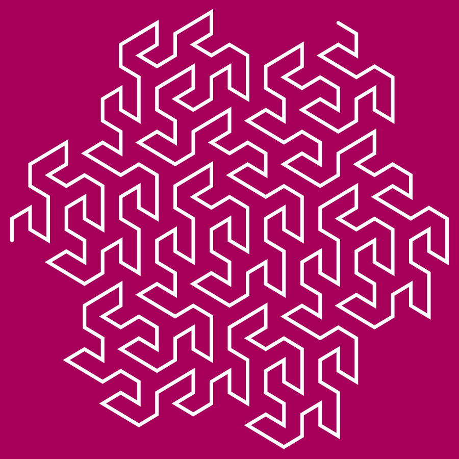 This example displays the third stage of Peano-Gosper fractal. Stage three means that it has been iterated three times. This example uses a square canvas with a size of 900 by 900 pixels and padding of 20 pixels. It draws a white snake line with a thickness of 7 pixels on a pink background.