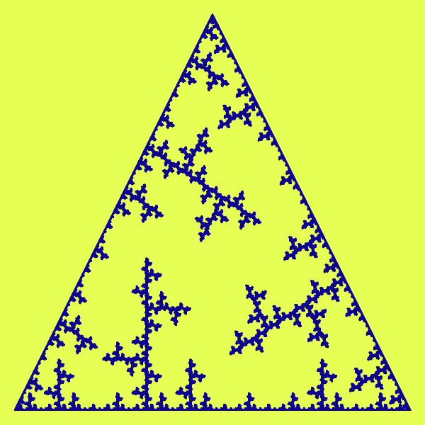 In this example, we generate the single spike form fractal based on an equilateral triangle. We set the inverse mode to true and as a result, we get an anti-triangular frosty fractal. We make 7 recursive motif replacements on a 600x600 pixels canvas, with a line width of 3 pixels and a padding of 20 pixels.