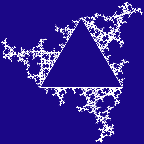 In this example, we iterate the glacial fractal from a triangle and a bent spike. As the spike is pointing outwards the glacial ice also expands outwards. We run 5 iterations of the algorithm and draw this fractal on an ultramarine color background with the size of 600px by 600px.