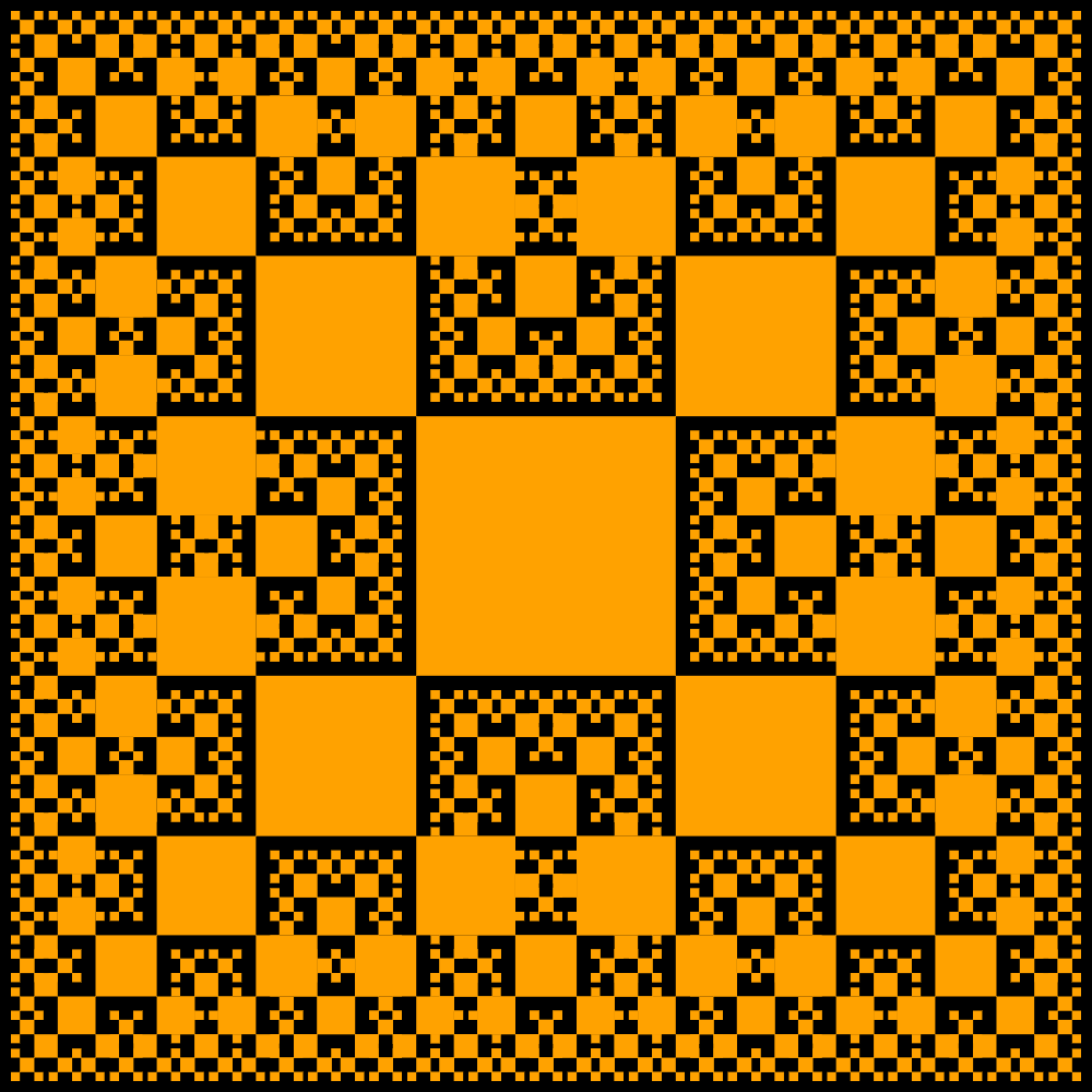 In this example, we illustrate a vertex tsquare fractal with the scale factor equal to the golden ratio φ. In this case, the squares grow so densely together that they fill the entire fractal space with the size of 1000x1000px. We draw the squares without the border and fill them with an orange peel color.