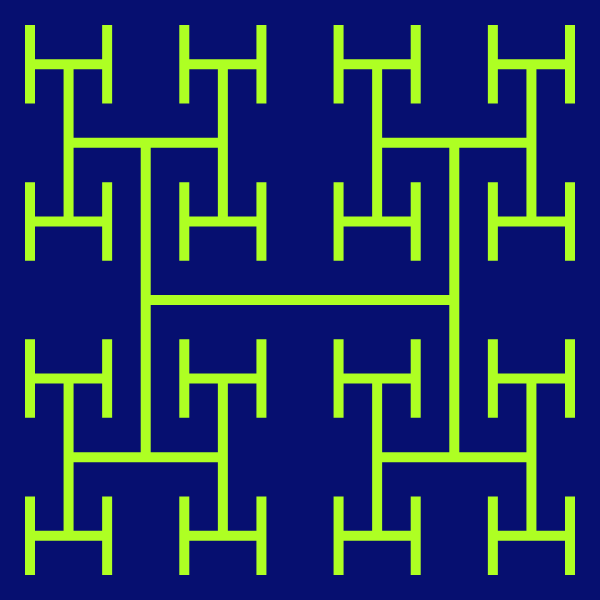 In this example, we set the recursion depth to only 3 iteration steps, which means that there are 21 letters H (or 42 letters T, if you're creating it from Ts). We use a green-yellow color for the line and deep-sapphire color for the background. We also use 600x600px square canvas with padding of 25px and a line segment width of 10px.