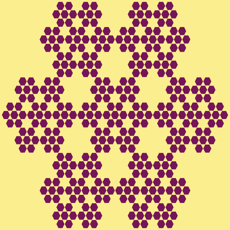 This example generates the third type of hexaflake, which is the full hexaflake fractal. The key difference between the partial and full hexaflake is that the full hexaflake puts a hexagon in the center of every available hexagon (not just center as partial one). We've left hexagon outline color and width options empty and this fractal uses only two color palette – claret color for hexagons and a sweet-corn color the canvas.