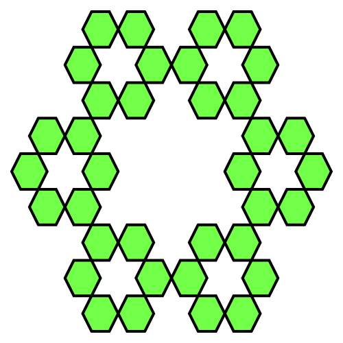 In this example, we're creating the third stage hexaflake fractal from six hexagons. This hexaflake type omits the seventh hexagon from the center of the fractal. This fractal type is the original hexaflake that was studied by Sierpinski. We've also chosen the white for canvas, set its size to 500 by 500 pixels, adjusted the outline of hexagons to be 4 pixels wide and black color, and filled the hexagons with screaming-green color.