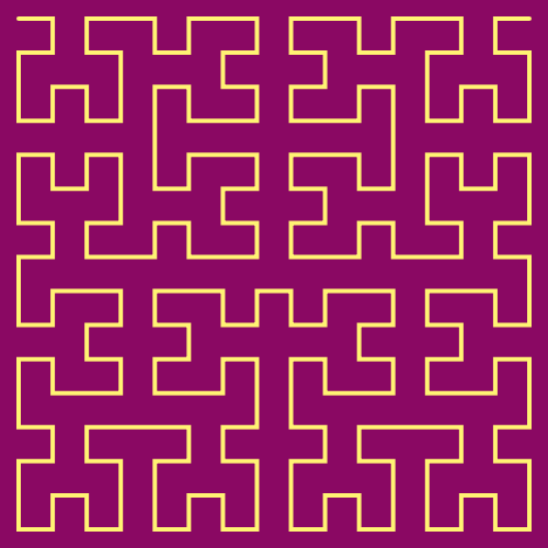 In this example, we set the iterations count to 4 and that created a 4th-order Hilbert fractal. We love colors so we also chose cardinal pink as the background color and Paris daisy yellow as curve color.