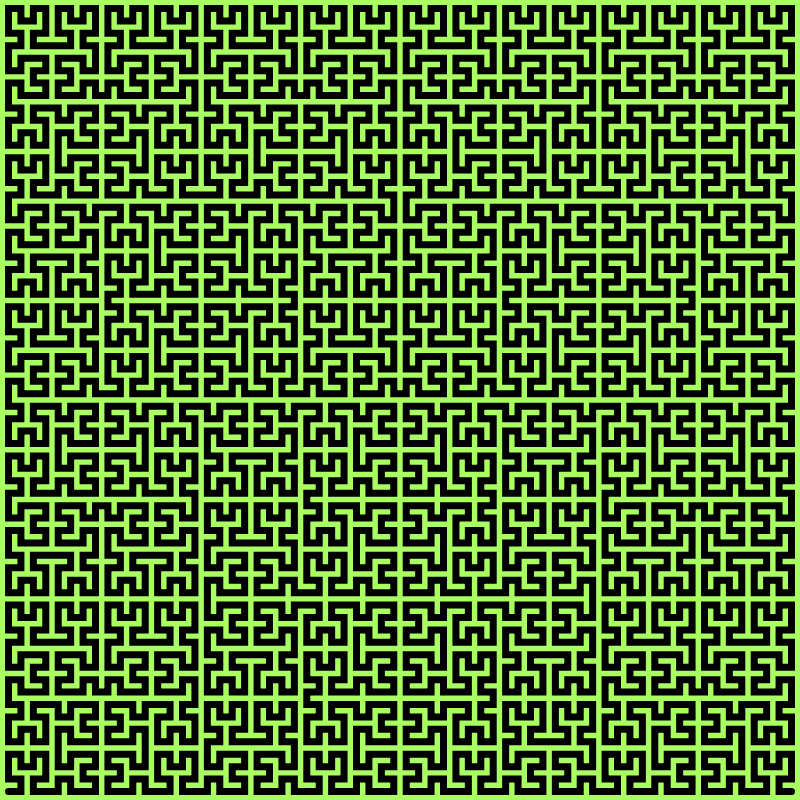 In this example, we've set the recursion depth to 6. We've chosen a green color for the curve and it makes this example look like a maze. We call it a Hilbert Maze. (Fun stuff: If you change the depth to 7, then the fractal will fill entire space. Try it!)