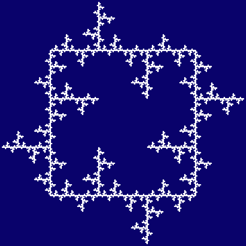 This example uses the double spike generator on a square base. As one of the spikes is pointing inside the square and the other spike is pointing outside the square, we get a symmetric square with icy spikes pointing in all directions around the square. It draws a white curve for six iterative steps on a navy blue canvas with the size of 800x800 pixels.