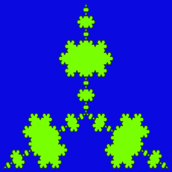 In this example, we generate an antitriangle Koch fractal (also known as antisnowflake Koch fractal) at the 5th recursion stage. As the wedges are directed inside the triangle, their vertices touch each other, dividing the fractal into small islands that touch but don't overlap. We use a dark-blue canvas of 600x600px size to draw chartreuse color islands with a te-papa-green color line.