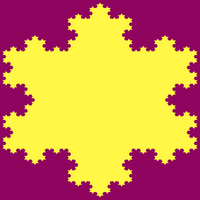 This example creates an order five Koch fractal with 768 curve segments it in. The formula used to calculate it is N₅ = 3×4⁵⁻¹ = 3×4⁴ = 768. It uses two beautiful colors to illustrate it – cardinal-pink for the area outside of the fractal and gorse-yellow for the area inside.