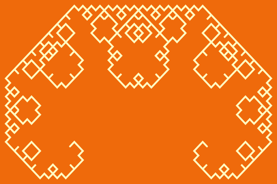 In this example, we invert the orientation of the Levy dragon fractal and turn it upside down. We use a Shalimar-yellow color line on a Christine-orange color background and show the 10th recursive stage.