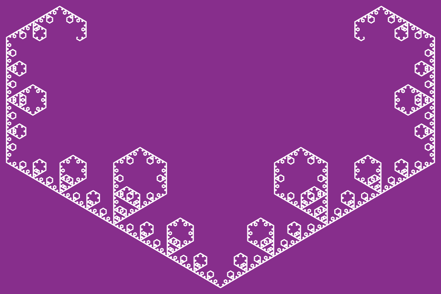 In this example, we generate the Levy diamonds fractal, which is drawn from a 3-sided equal trapezium with a 30-degree angle at the base. We display 10 recursive steps of the Levy diamond curve on a vivid violet 900px-by-600px area.