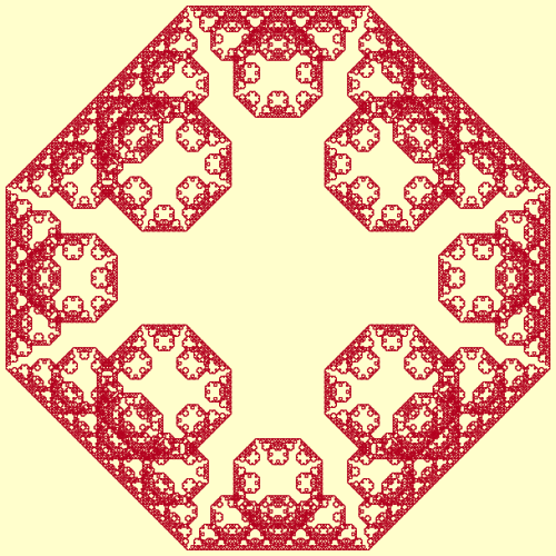 This example draws an outside Levy tapestry fractal. This fractal begins as a square but with increasing recursions, it becomes an octagon. We generate 15th recursive steps using 1-pixel thick, cream color line and we draw it on a Monza color square canvas.