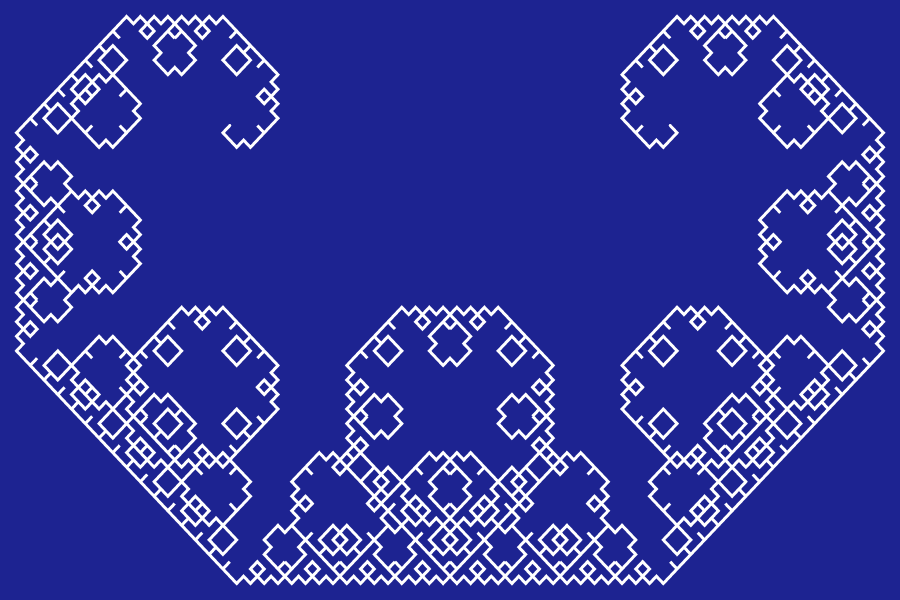 In this example, we generate the regular Levy fractal (also known as Levy dragon) at its 12th iteration step. We draw the curve with a 3-pixel line on a rectangular canvas of size 900 by 600, with 15-pixel padding.