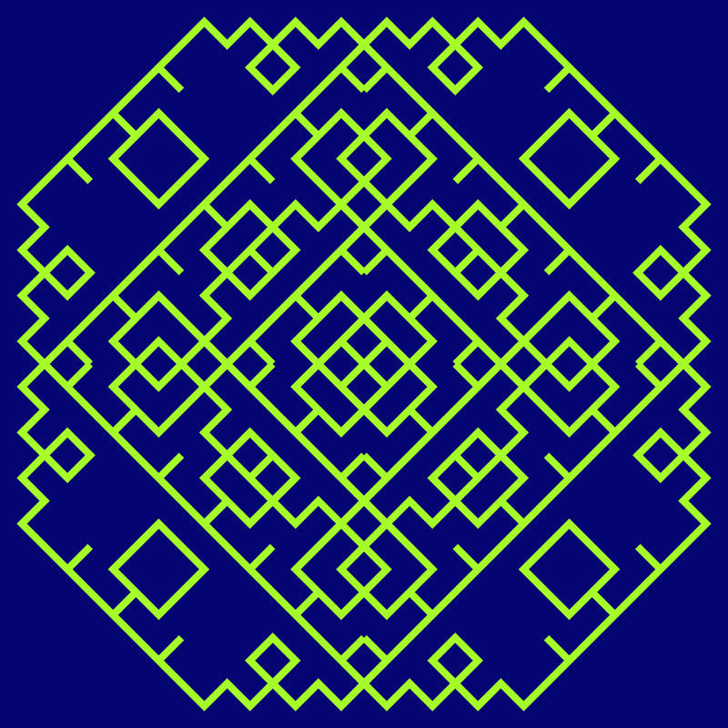 In this example, we generate only 8 iterations of the Levy tapestry to clearly illustrate how the fractal evolves. We use an 8-pixel thick drawing pen so that all lines were well visible and draw them in contrasting colors (green-yellow color pen on a navy blue background.)