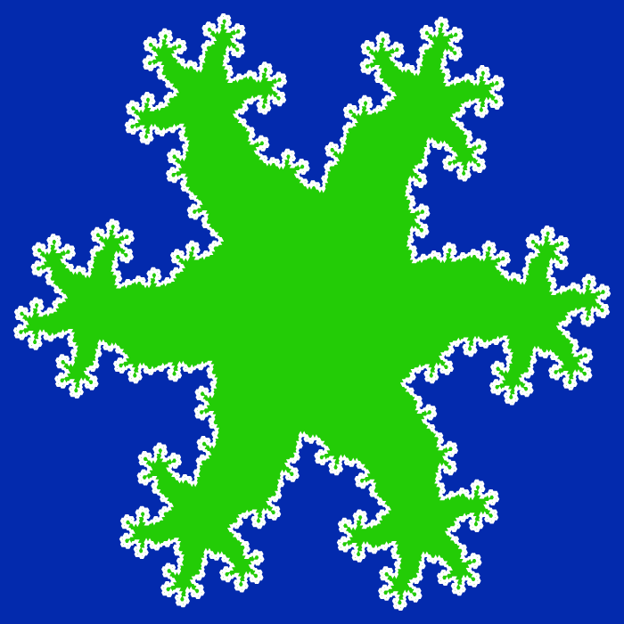 In this example, we generate a hexadendrite fractal and make the dendrites grow outside the hexagon. As there the hexagon has six sides, the dendrites are much more spread apart and the space that is formed inside the fractal is shaped like gecko lizard's fingers. We draw 5 iterations on a Klein-blue color background and fill gecko's paws with a Harlequin-green color.