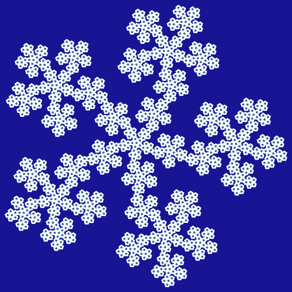 In this example, we generate the McWorter's pentadentrite fractal, which is created from five touching dendrites pointing outside the pentagon. We set the rotation of the fractal to counterclockwise and generate the fifth iteration step on a Koamaru deep blue color canvas of 600 by 600 pixels.
