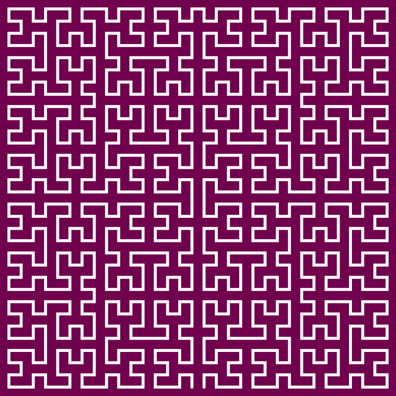 This example generates the Moore curve with five iteration step. The fractal curve is drawn on a pompadour-colored canvas with dimensions of 800x800 pixels. The curve itself is 6px thick and in white color.