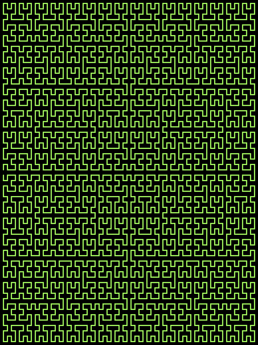 This example draws the Moore maze. The Moore maze is a Moore fractal that uses the green color for the curve. It has its name from the fact that it looks just like a hedge maze. This particular maze is vertically stretched with the size of 900x1200px and depth of 4 iterations.