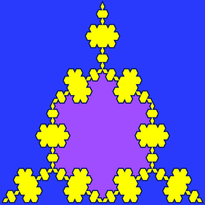 In this example, we generate a multi-colored fourth-order Koch triflake. We use all colors in the palette for it – a blue-ribbon color for the background, a heliotrope color for the Koch star that's formed inside, yellow for the triflake islands, and an arapawa color for the line. We draw this fractal on a 700 by 700 pixels canvas with an 8-pixel padding and 6-pixel line width.