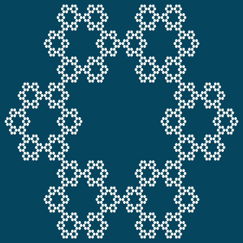 This example puts a regular 6-gon in the base, thus generating the well-known hexaflake fractal. It uses 5 iteration steps here and the image is composed of 6^(5 - 1) = 1296 hexagons. The hexagons are drawn without a border and are only filled with white color.