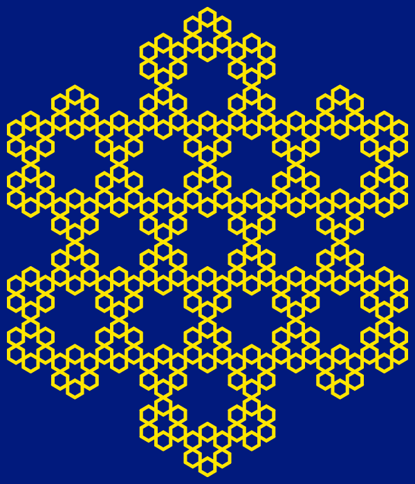 In this example, we're generating the partial hexaflake type. This type puts another hexagon in the center of all hexagons. It's called partial type because unlike full hexaflake (see next example) it only uses one extra hexagon. The hexagons in this example have a yellow border, which is 5 pixels thick and it's drawn on a resolution-blue background. We're also using rectangular space size of 600 by 700 pixels and adjusting the fractal orientation to up (which actually rotates fractal by 30 degrees).