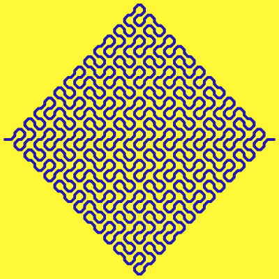 In this image, we've drawn a diamond-shaped Peano fractal with smooth corners. Here the fractal's space is a 400- by 400-pixel square, the curve width is 4 pixels and padding is 5 pixels. The background is golden fizz yellow and the fractal itself is Persian blue.