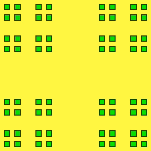 In this example, we generate a regular Cantor dust fractal of the 4th order. The iterative order tells us that there are 4⁴⁻¹ = 4³ = 64 squares shown here with sides 3⁴⁻¹ = 3³ = 27 times smaller than the side of the initial square. We use a 600x600px canvas, fill it with a gorse-yellow color, and draw green dust with a deep-fir color outline.