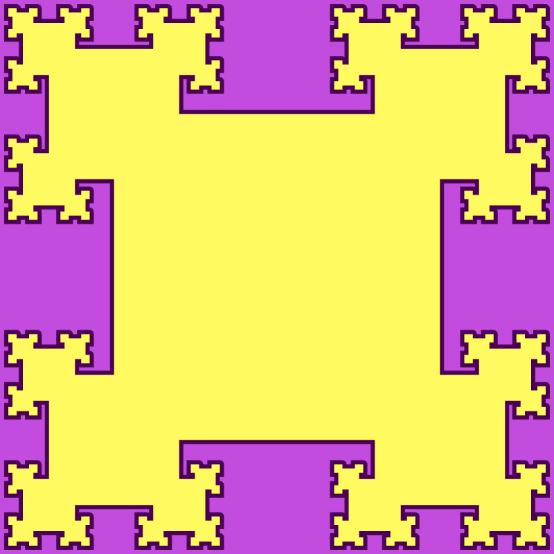 This example sets the scale factor to 2.5 and generates a regular tsquare fractal type. Unlike the classic fractal (where the scale factor is 2), the square sizes decrease significantly faster with each step, quickly diverging from each other. We generate 5 levels of squares, using a lavender color for canvas, ripe-plum color for the border and laser-lemon color for squares fill. The area of a square at 5th level is 1525x smaller than the center square, the perimeter is 156x smaller, and one side is 39x shorter.