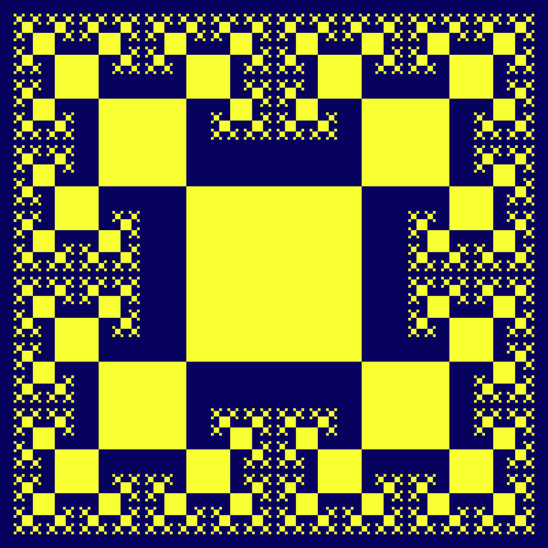 This example generates a 7th order vertex tsquare fractal. It consist of 1 + 4 + 4*3 + 4*9 + 4*27 + 4*81 + 4*243 = 1457 squares, in order from the largest to the smallest size. This matches the formula 2×3⁽ⁿ⁻¹⁾ - 1. It uses an 800 by 800 pixels canvas with 20-pixel padding and draws it with two bright colors.