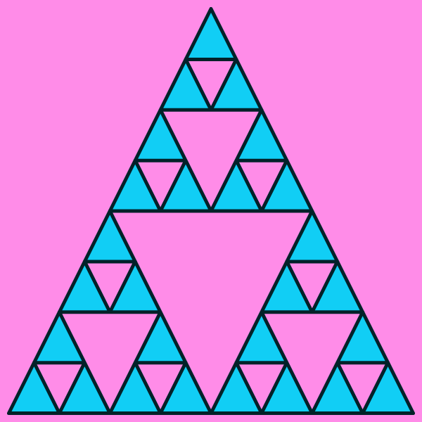 In this example, we generate a multi-colored Sierpinski fractal at its 4th iteration stage, which means that it's built from 3⁴⁻¹ = 3³ = 27 triangles. We draw the triangles in Daintree color, fill them with a bright turquoise color and use lavender-rose color for the canvas area of a size 600 by 600 pixels. We also set 10-pixel padding for the triangle.