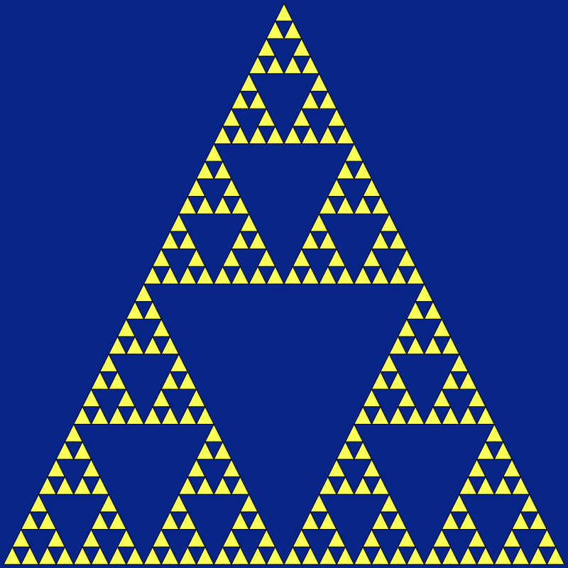 In this example, we form a Sierpinski fractal from filled triangles that are all connected by their vertices. We've left the border color empty so there's no color used for drawing the edges of triangles. We illustrate the sixth recursion step and there are 3⁶⁻¹ = 3⁵ = 243 triangles, each 1024 times smaller than the original triangle.