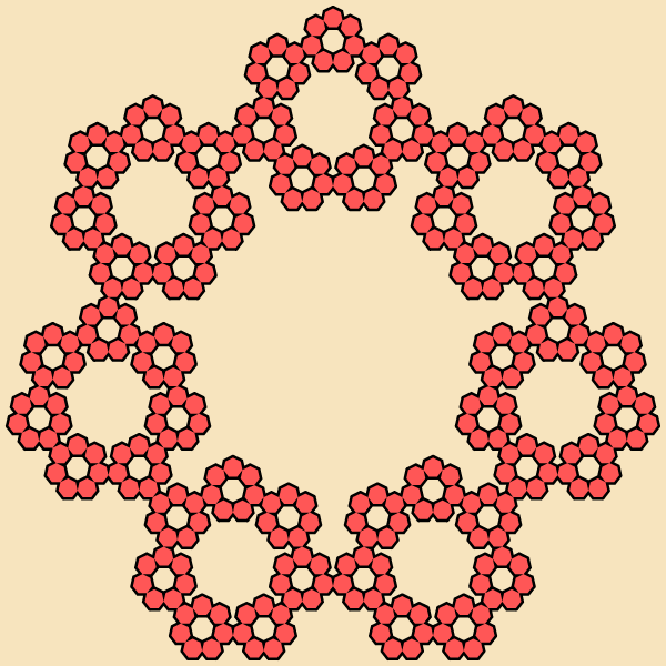 In this example, we generate a multiflake fractal with a regular heptagon in the base (hepta means seven). We evolve it for 4 iterations and get a heptagon fractal with 7^(4 - 1) = 343 heptagons. We use a givry color canvas of 600x600 pixels, a black line for the borders of heptagons and a persimmon color for heptagon fill. A heptagon multiflake is also called a Sierpinski Heptagon.