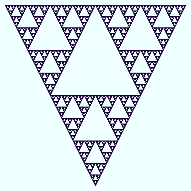 This example uses a 2-pixel line to draw an upside-down Sierpinski triangle of depth 10. The tiny triangles in the bigger triangle aren't filled with any color and are transparent. Only their border in a tolopea color is drawn on a twilight blue canvas.
