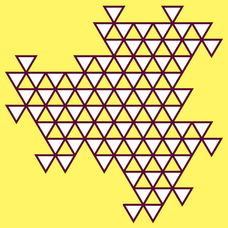In this example, we create a fifth-order dragon triangle fractal with three colors. We use a Paris-daisy color for the background, cab-sav color for the triangle line, and white color for filling the triangle. With only five iterations, you can already start seeing dragon heads emerging.