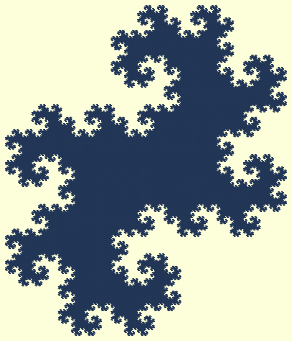 In this example, we create a twin dragon island fractal. This fractal is constructed by using just one color (cloud-burst blue) to fill the contours of the twins and a high iteration count (18 iterations). The dragon curve is just one pixel thick but by the time it's iterated 18 times, it's twisted and looped so many times that this tiny line completely fills the dragon bounds. This fractal island is also often called the Heighway island fractal.