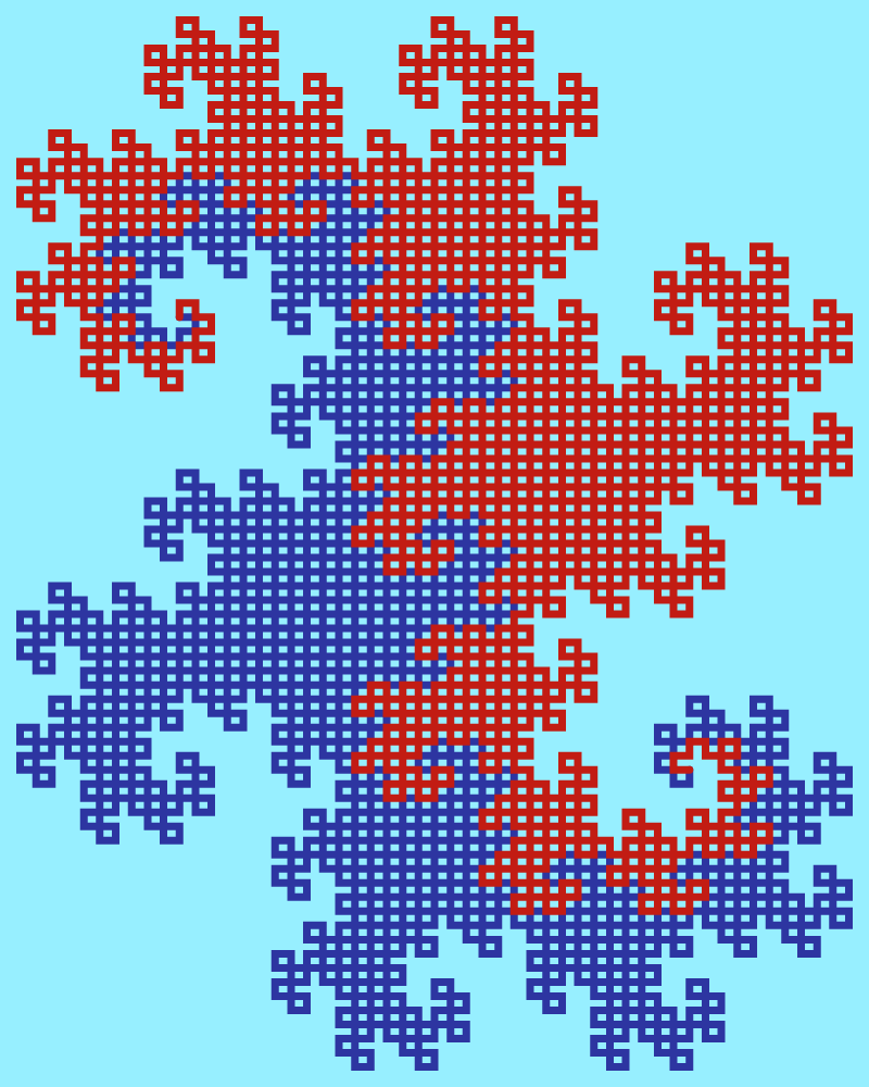 This example gives a detailed view of twin Heighway fractal. By setting the recursion level to 11 iterations, we can see how this fractal is made of individual line segments that form a mesh of interconnected rectangles. We've chosen complementary colors for the drawing to make it maximally attractive. It uses a governor-bay color for the first dragon, thunderbird color for the second dragon, and anakiwa color for the background. It sets the line segment width to 7 pixels and canvas space to 800x1000 pixels.