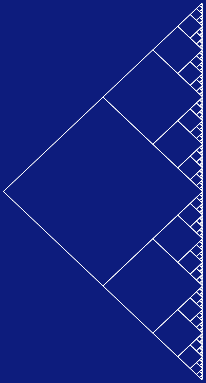 In this example, we select east as the cardinal evolution direction for the fractal. To better see this, we've increased the height to 1300 pixels and the width to 700 pixels. We haven't specified the internal fill color so the v-fractal has only a white curve color and an arapawa-blue as the external fill color.