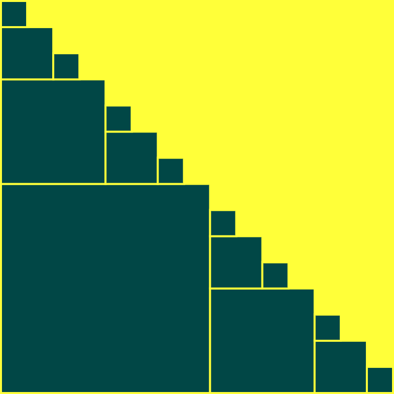 This example creates a square v-fractal with a depth of four. The fractal is evolved on a square 800x800 canvas. All branches are perfectly square and they grow in the direction from the lower left corner to the upper right corner. There are 2x more squares in every next iteration but they are 1/4th of the size of the previous one.