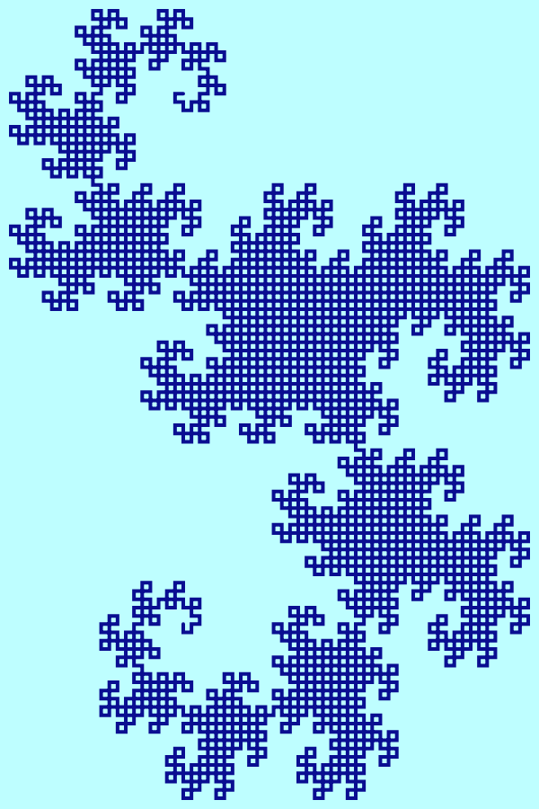 This example draws a detailed Heighway dragon fractal of depth twelve. It uses the ultramarine color for the line, sets it 4 pixels thick and uses an area of 600 by 900 pixels to paint it.
