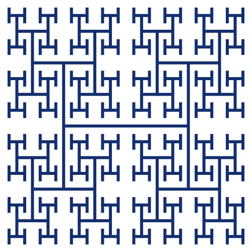 This example illustrates the H-fractal at the fourth iteration stage. As discussed above, there are 4⁰ + 4¹ + 4² + 4³ = 85 H characters. We've adjusted the options so that the H chars are drawn horizontally in a 500x500 space with lagoon-blue line color.