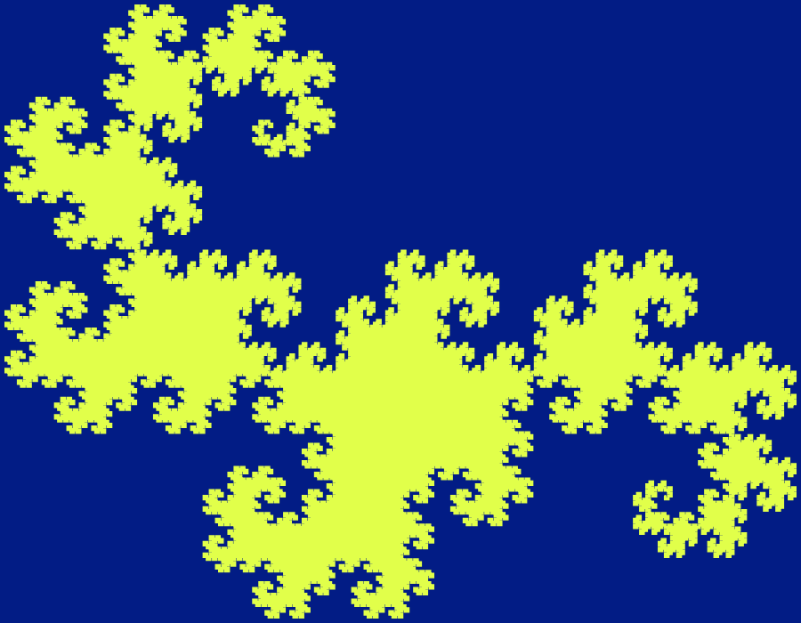 In this example, we generate the Heighway fractal at the 15th iteration step. We're using 3 pixels for line thickness and because the lines are drawn very close together, they fill the shape of the fractal. We use a golden-fizz color for the line and resolution-blue color for the background.